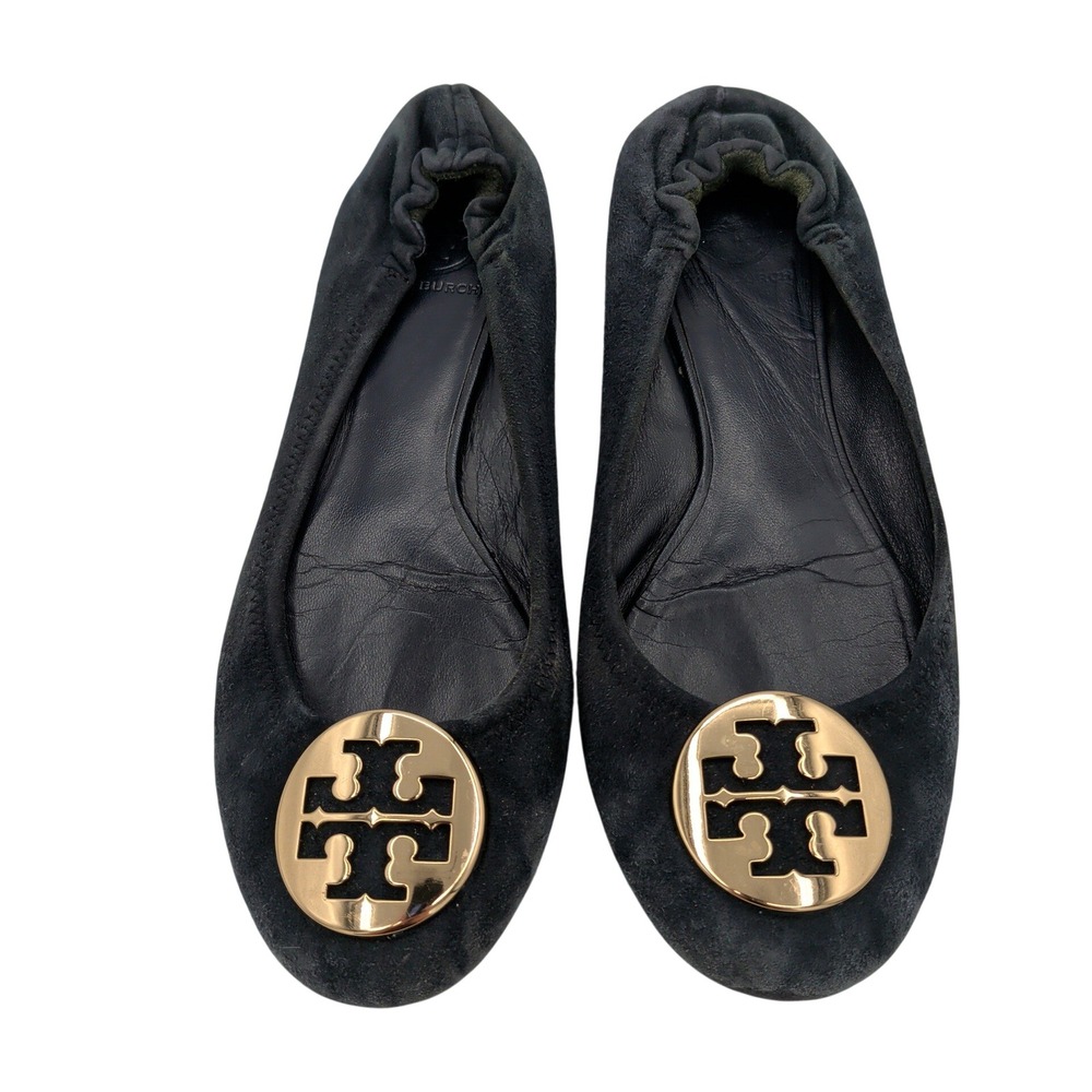 Tory Burch Reva Ballet Flats Navy Blue Suede Gold Medallion Size 8M Dust Bag